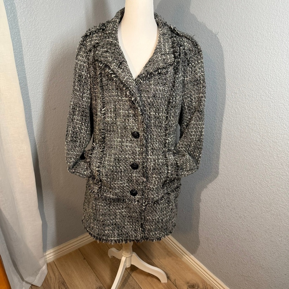 GUESS Los Angeles Tweed Blazer Jacket Women Black White Fringe Button Front